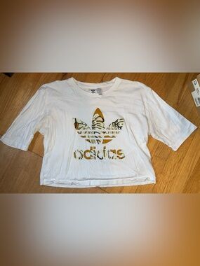 adidas Cropped White Tee with Mustard Trefoil Accent